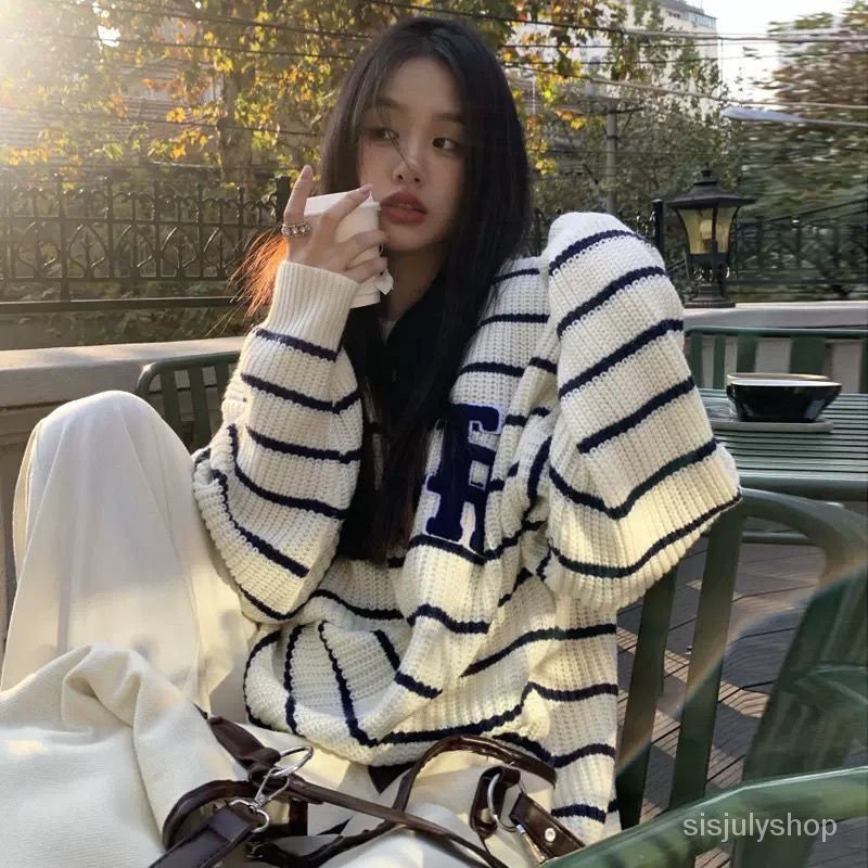 Wanita Rajut Sweater Wanita Musim Dingin Baru Retro Jepang Bergaris Huruf Longgar Pullover Pakaian L