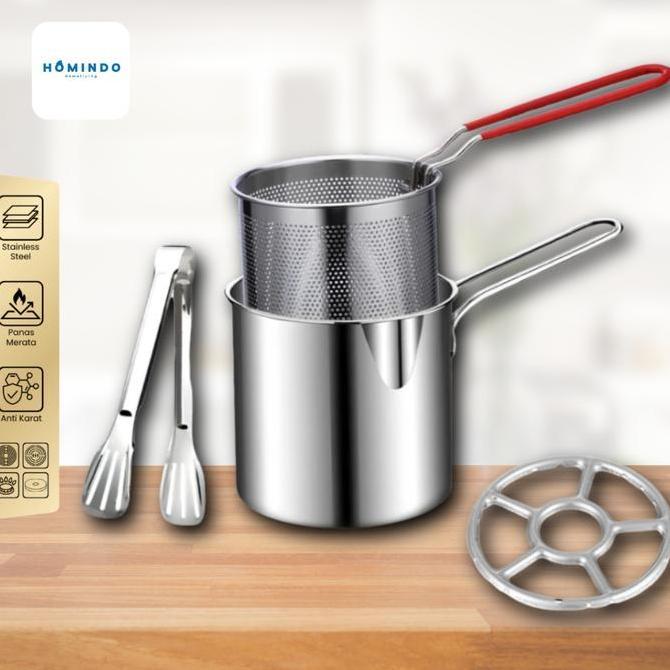 (BISA COD) HOMINDO 4 in 1 Multi Deep Fryer Panci Penggorengan Rebus Stainless Steel Saringan Capitan