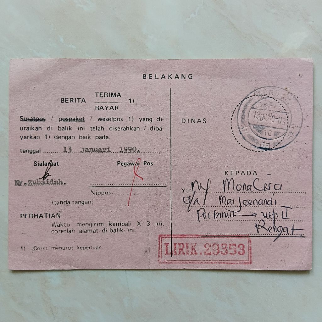Koleksi Kuno Jadul Dokumen Arsip Wesel Pos Used 1990 - YN3484