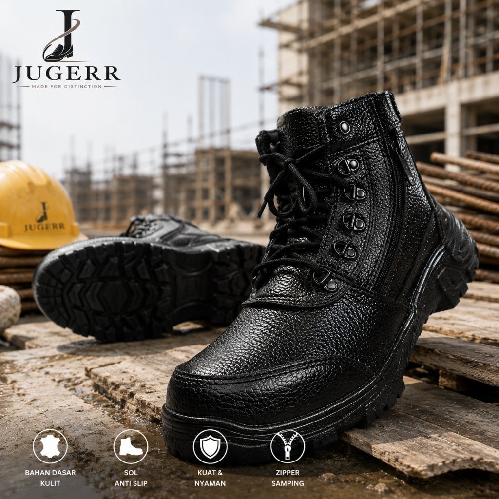Sepatu Bot Kerja JUGERR Hitam Bahan Dasar Kulit dengan Ritsleting Samping Sol Anti Slip on