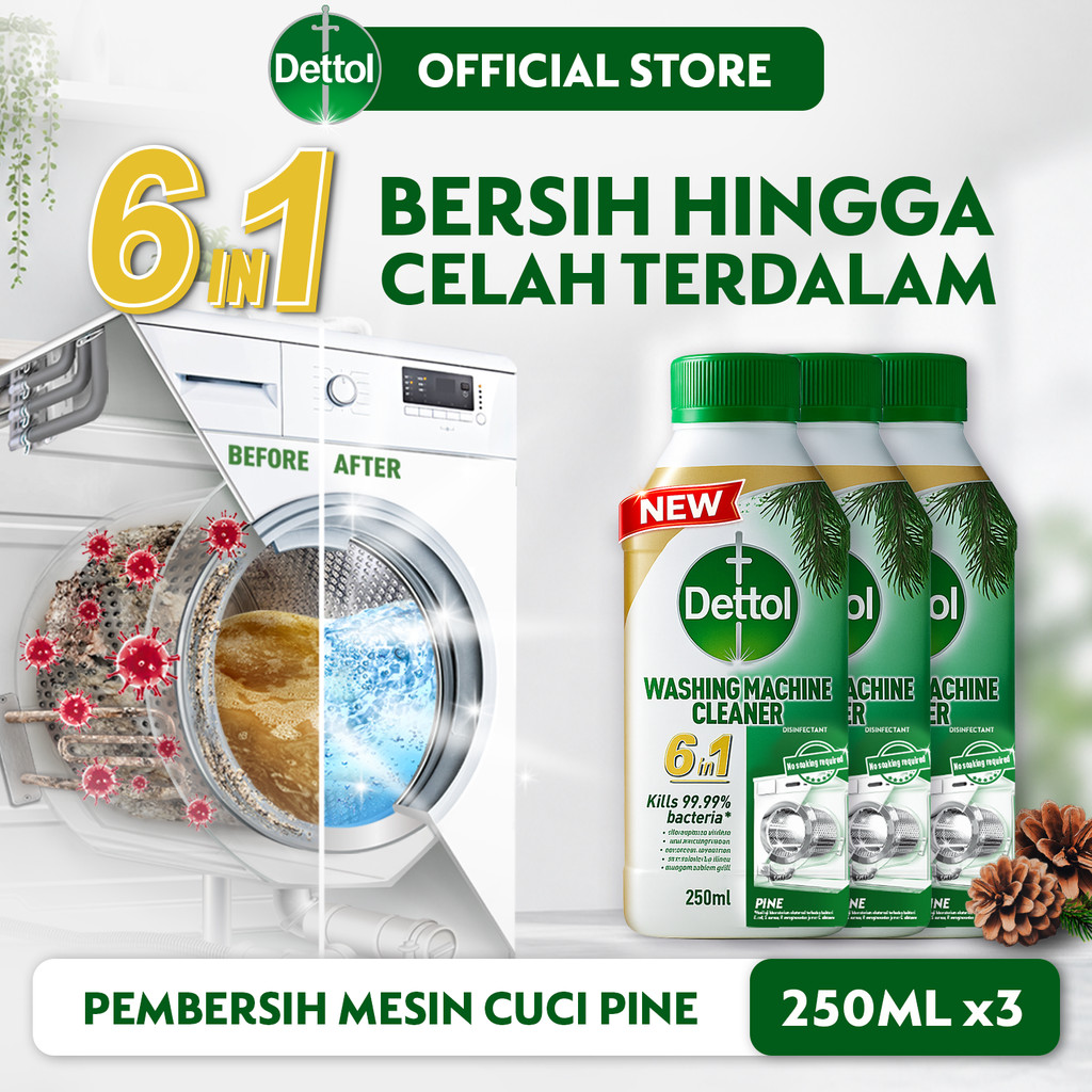 Dettol Washing Machine Cleaner 6in1 Pine (3 pcs) - 250ml (Sabun Pembersih Mesin Cuci Pertama Di Indo