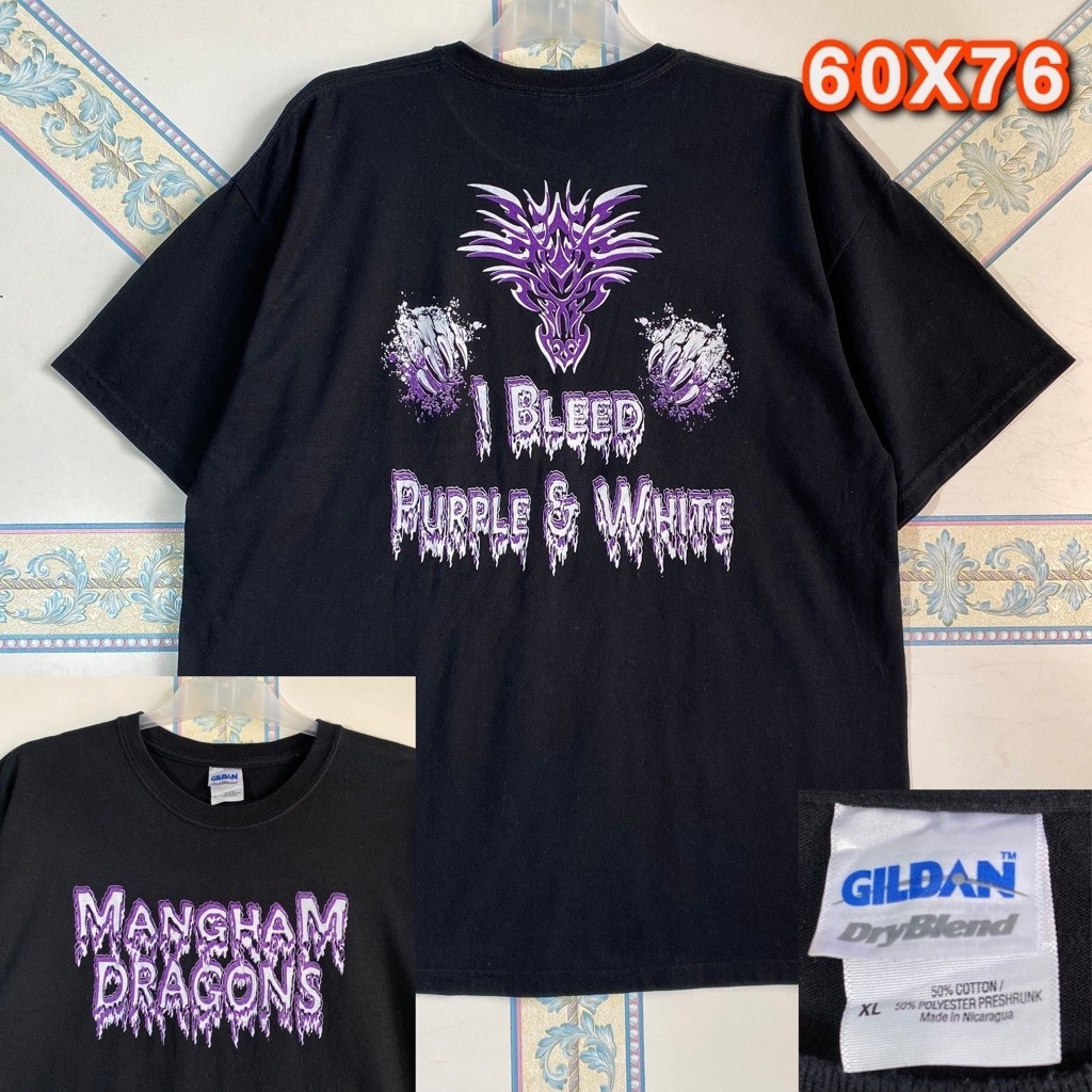 Kaos Gildan DryBlend Mangham Dragons Size XL Oversize Hitam Second Vintage Graphic Tee
