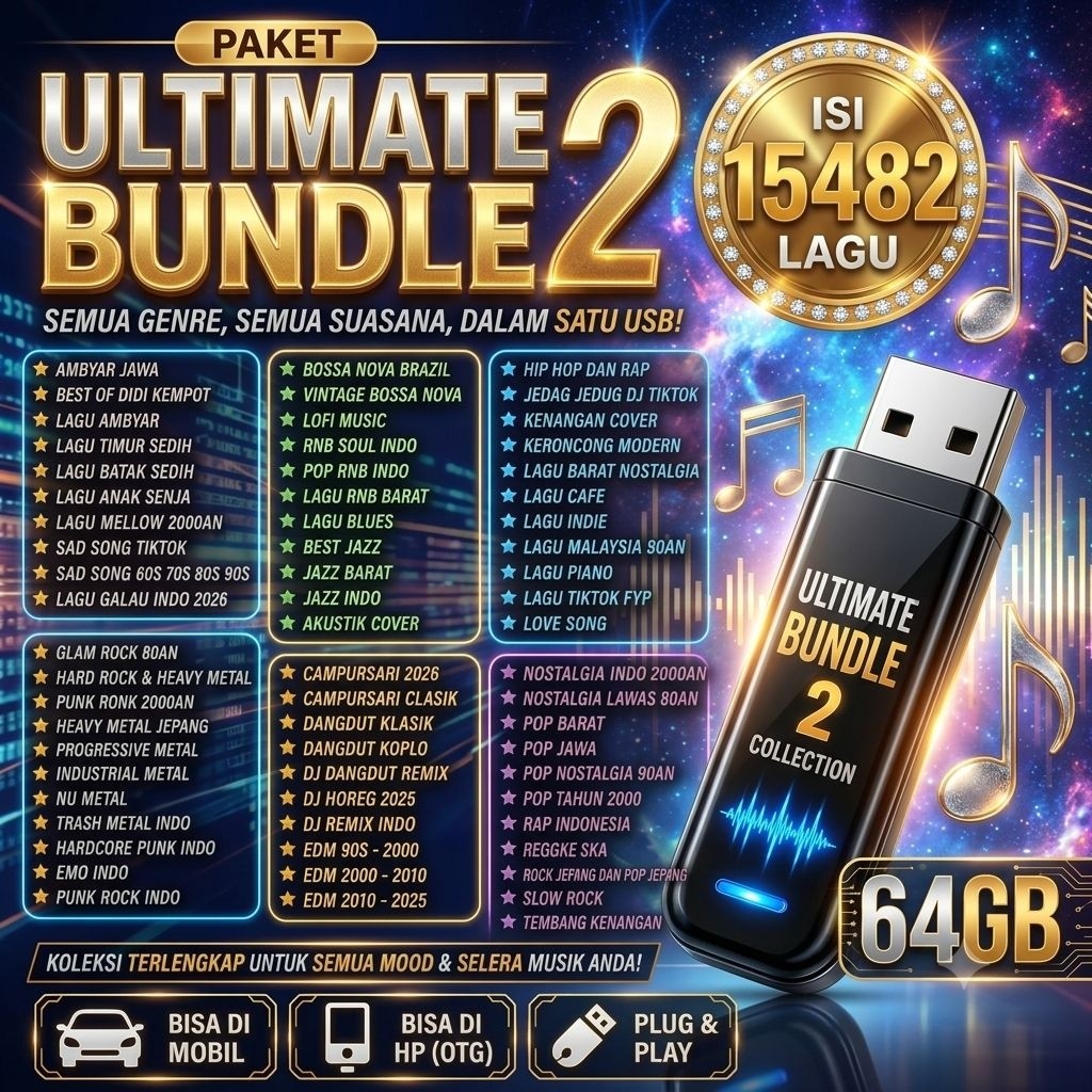 Flashdisk Musik Lagu 64GB Paket Ultimate Bundle 2 isi 15482 Lagu Terlengkap Semua Genre USB Otg Mobi