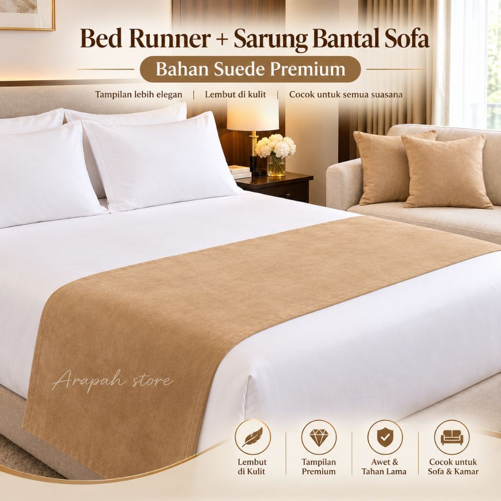 Bed Runner bahan Suede premium hotel | elegan minimalis set sarung dan bantal 35×35