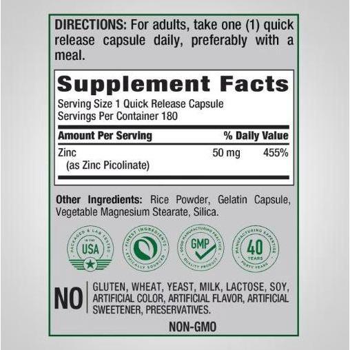 Zinc Picolinate 50 mg, Pipingrock Zinc Picolinate 180 capsule