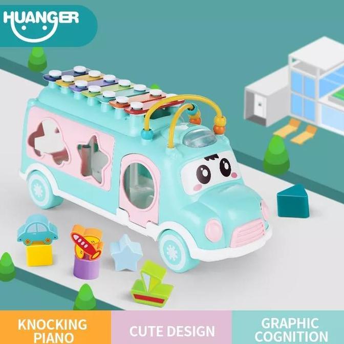 Mainan Baby Bus Music Shape Sorting Puzzle Xylophone Musik Mobil