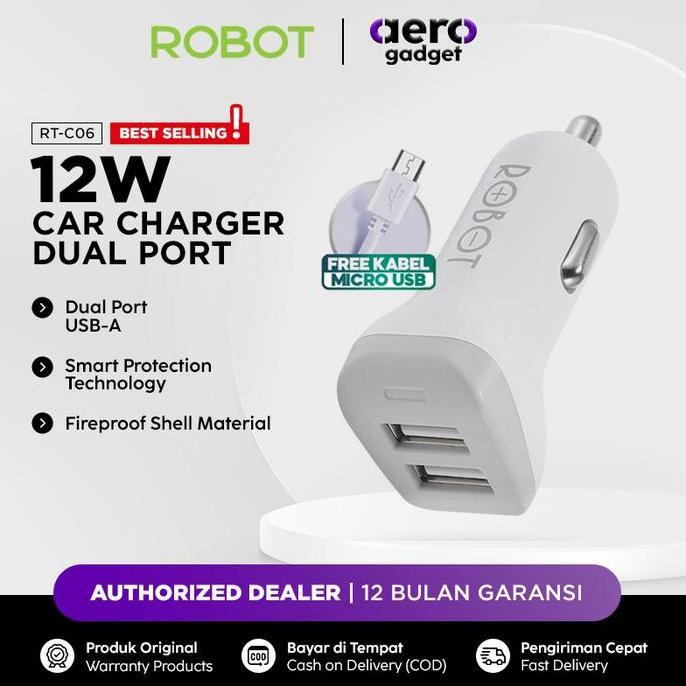 DE43 - ROBOT Car Charger Dual Port RT-C06 HP Charger Mobil 2.4A Casan