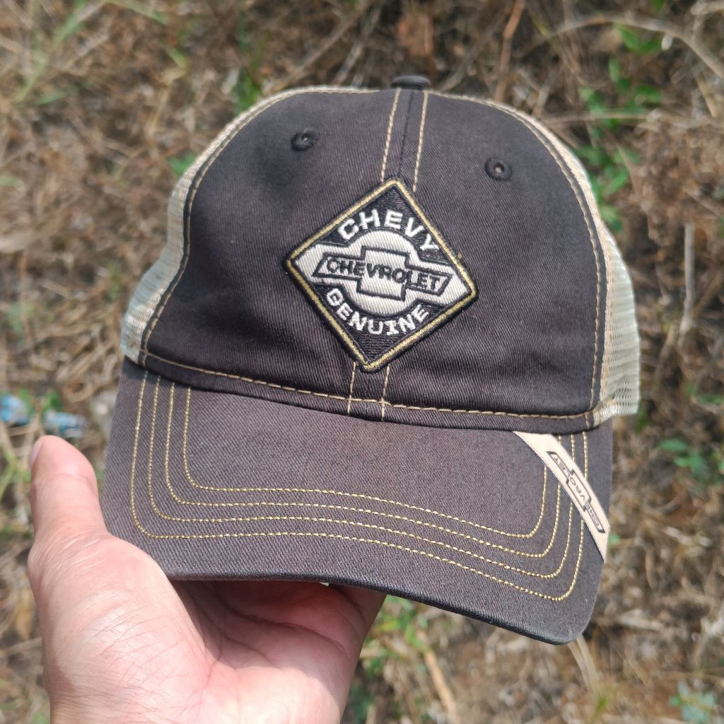 Topi Trucker Chevy Chevrolet Genuine warna hitam krem model baseball kasual