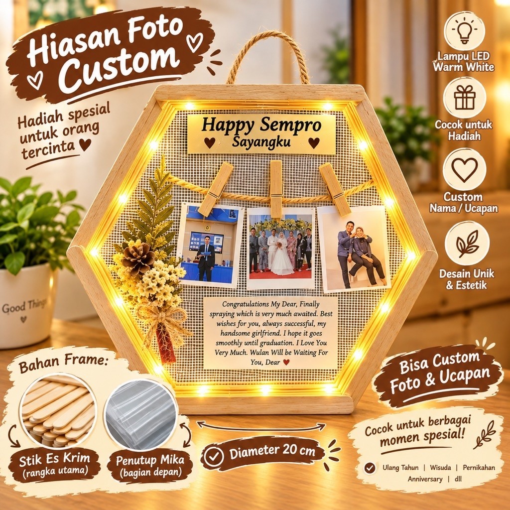 BC READY STOK Hexagonal Flower in Frame DENGAN PENUTUP MIKA frame hexagonal hampers/hadiah/kado Ulta