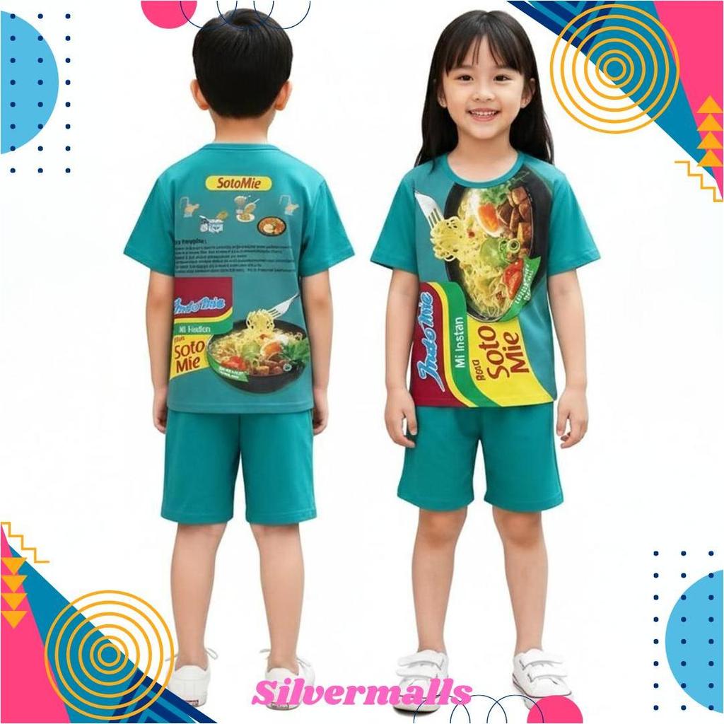Setelan Baju Anak Laki-Laki Dan Perempuan Unisex 1-8 Tahun Motif Viral Indomi Chitato Ultramild Soto