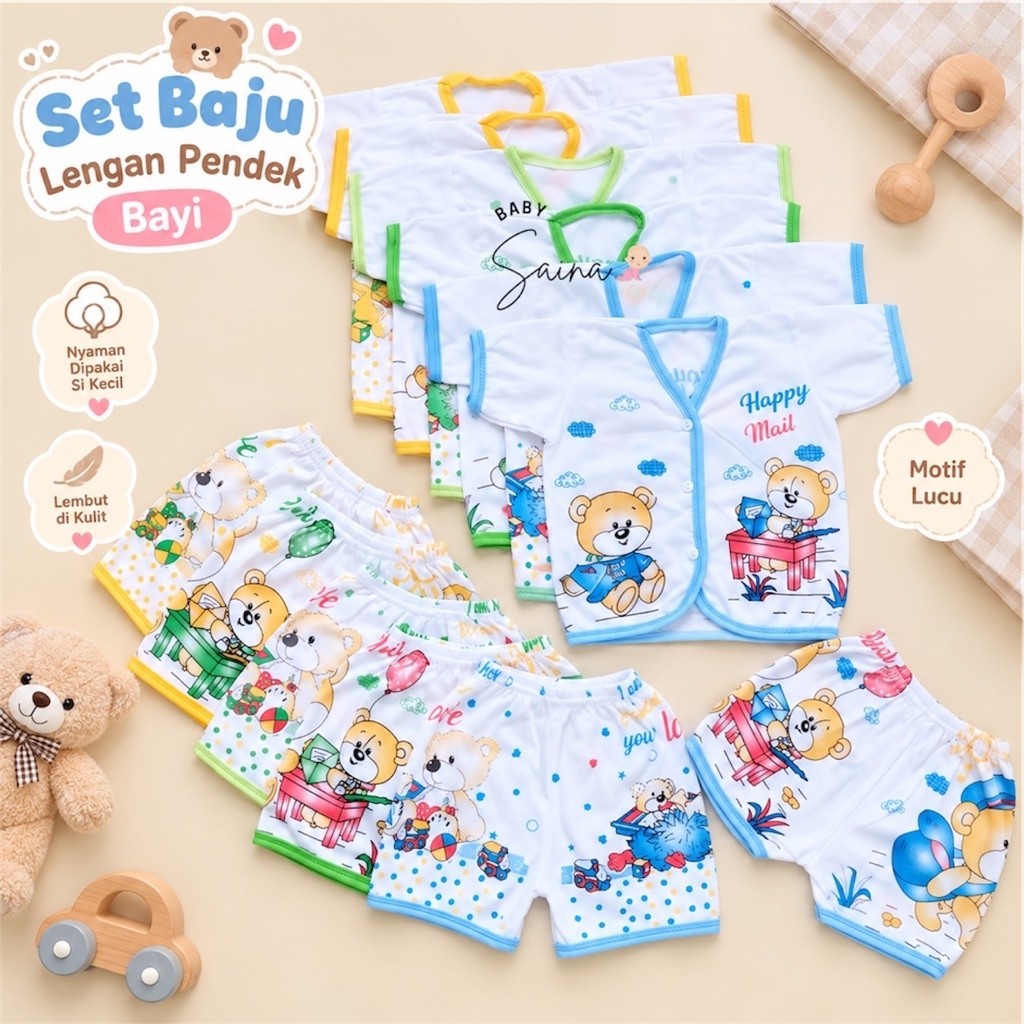 1/2 Lusin (6 set) Setelan baju dan celana bayi lengan pendek KATUN perlengkapan bayi baru lahir new 