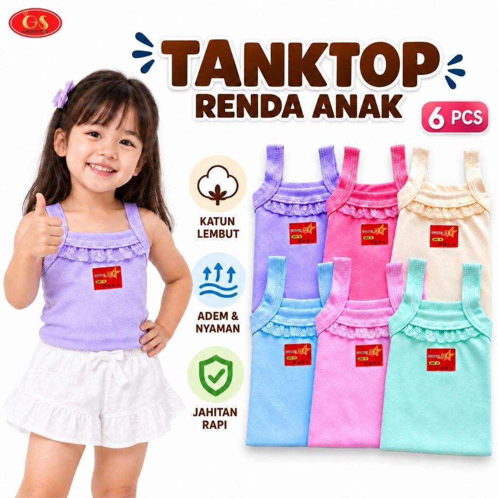 6 Pcs Singlet Anak Perempuan Golden Star Renda Mix Warna Usia 6 Bulan–12 Tahun | Kaos Dalam Tanktop 