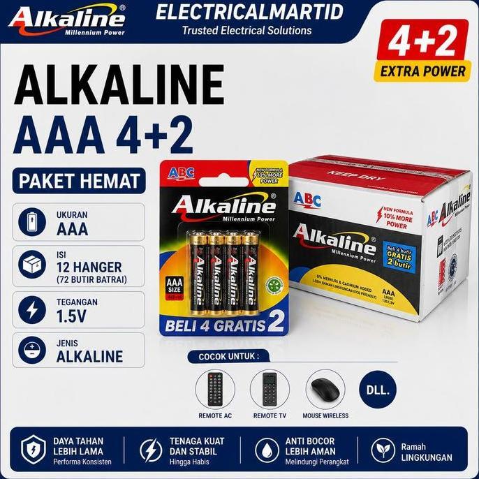 TERMURAH - [12 PCS] Baterai AAA ABC Alkaline 6PCS Battery AAA 4+2 KOTAKAN