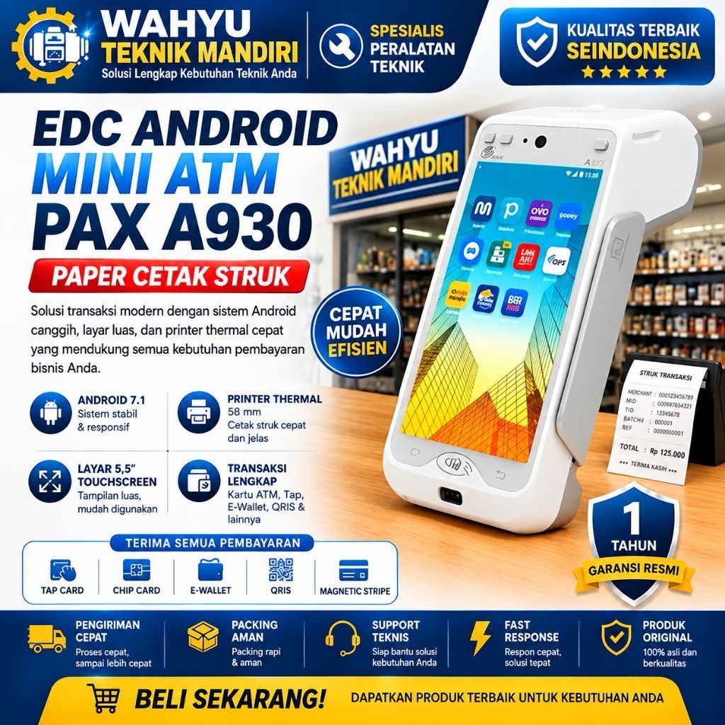 Mesin EDC Android Mini ATM PAX A930 Paper Cetak Struk Thermal 58mm WiFi Bluetooth 3G/4G Ready Stok -