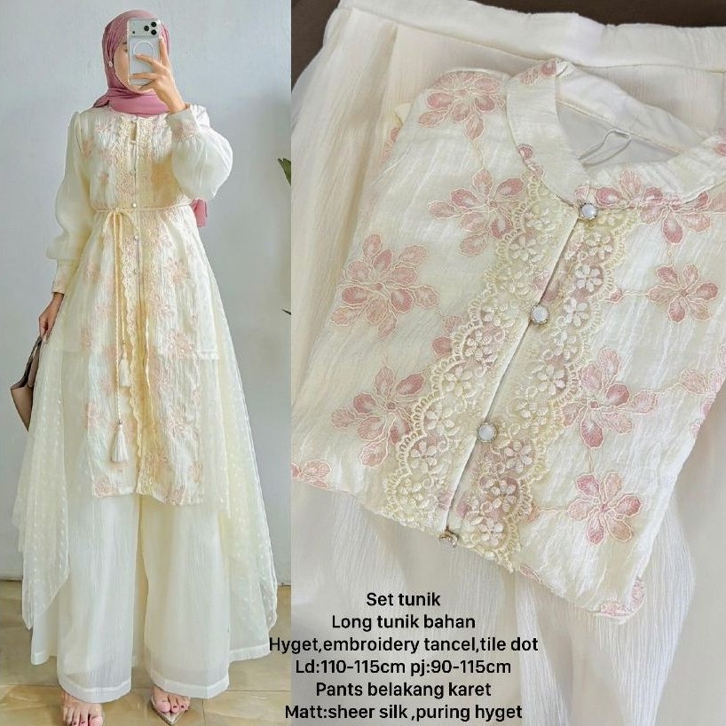 Setelan Kebaya Modern Sheer Silk Sena Tunik LD 110  Tencel Embroidery Tile DOT Set Celana Kulot Kond