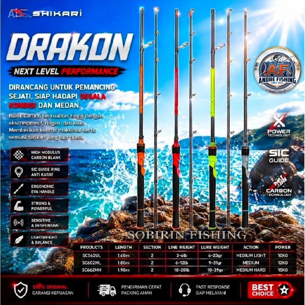 Joran pancing carbon solid SHIKARI DRAKON Blank 180 Karbon SIC Guide Pegangan EVA Medium Light