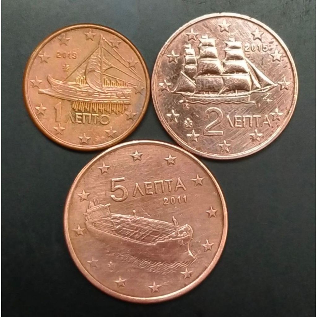 Koin Kuno Yunani Euro Cent Set Nominal 1 - 2 - 5 Cent seri perahu koleksi