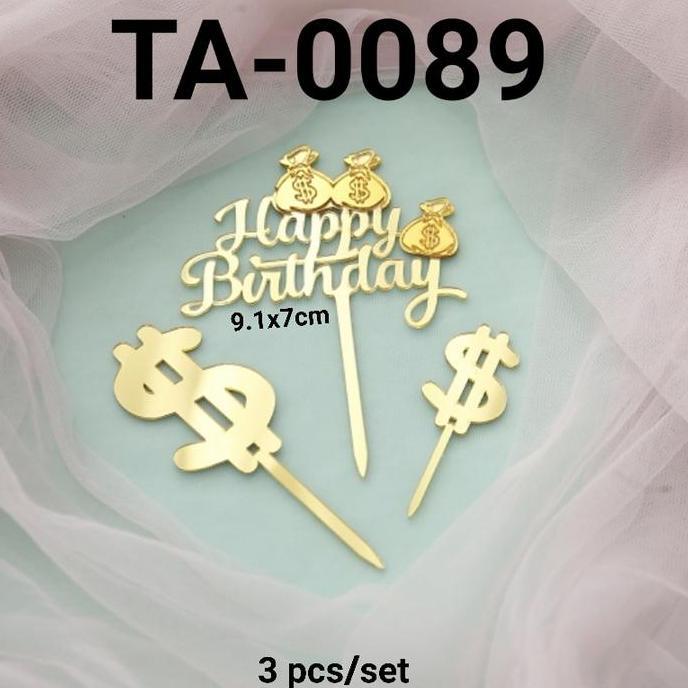 Perstarakyat- Ta-0 Cake Topper Akrilik Happy Birthday Uang Dollar Kantong Emas