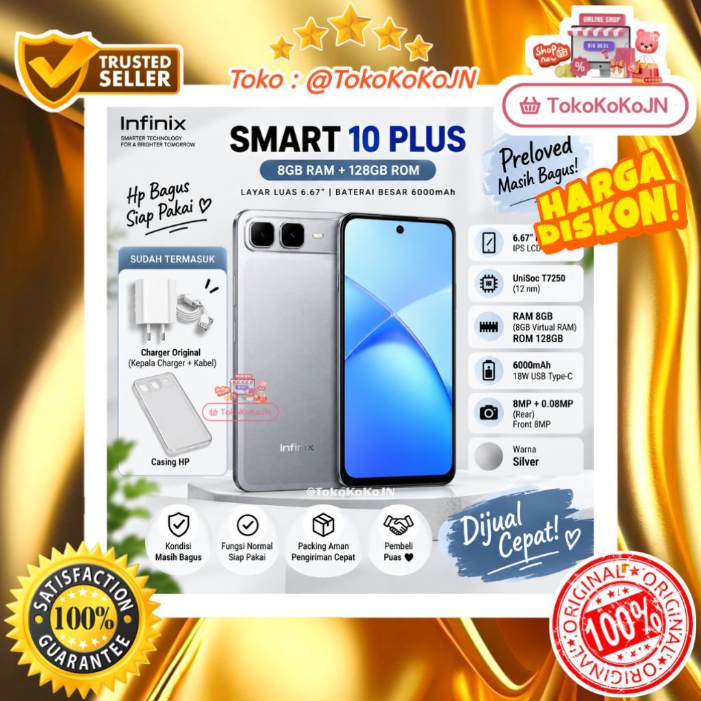Infinix Smart 10 Plus 8/128 GB Smartphone Layar 120Hz Baterai 6000mAh Fitur NFC Warna Silver [Prelov