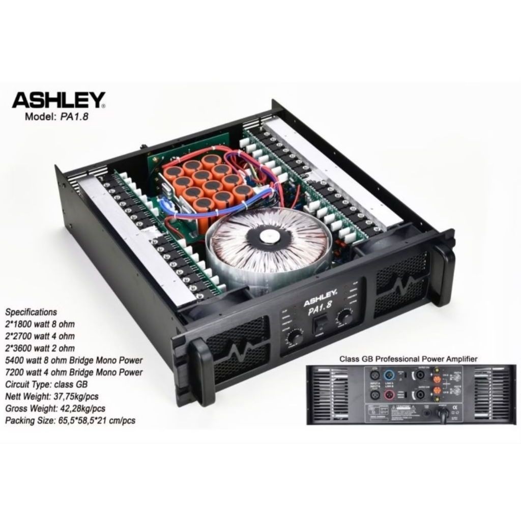 POWER AMPLIFIER ASHLEY 2 CHANNEL CLASS GB 1800WATT ASHLEY PA1.8 PA-1.8 PA 1.8 ORIGINAL BERGARANSI RE