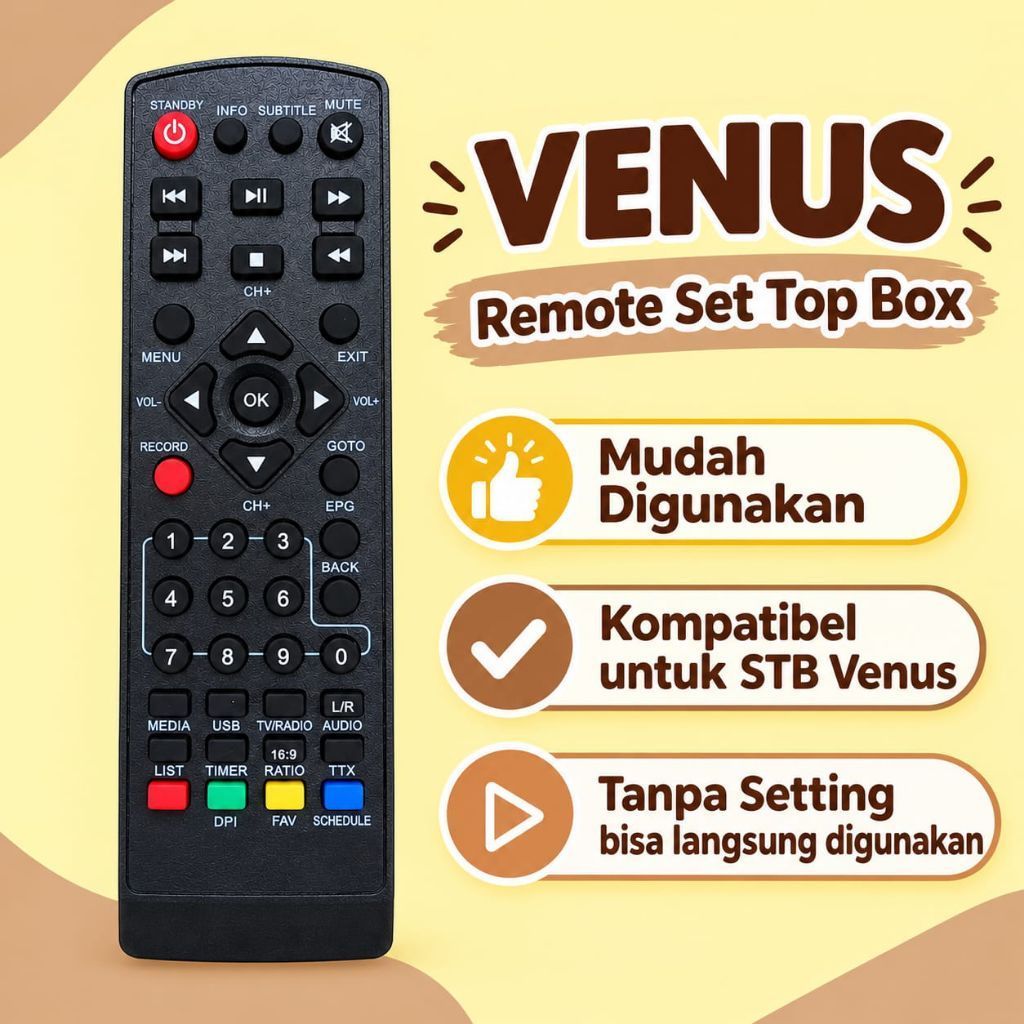 Remot STB Venus DVB-T2 langsung pakai