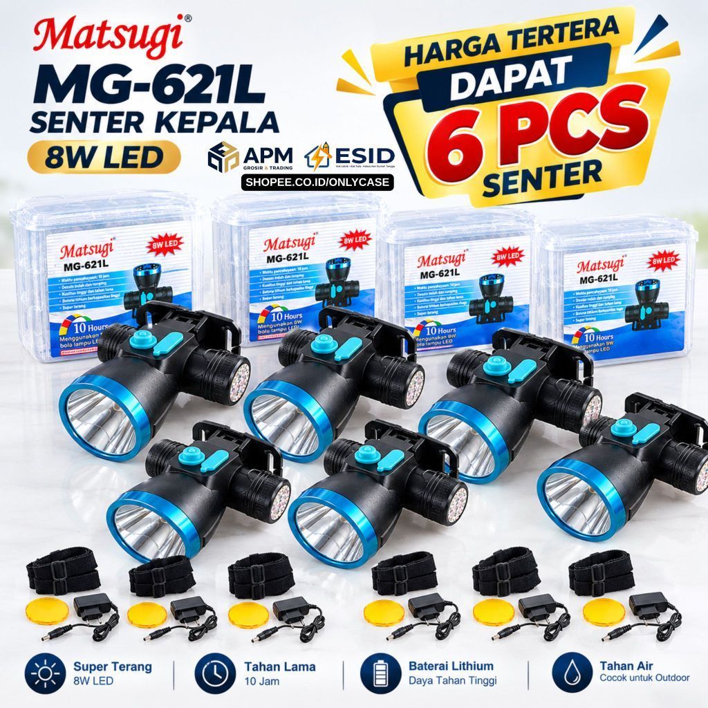[PAKET GROSIR] MATSUGI MG-621L SENTER KEPALA CAHAYA PUTIH 8W LED Tahan Air Headlamp Outdoor Baterai 