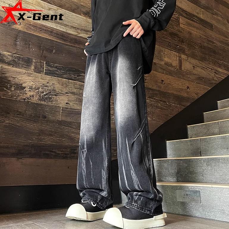 X-Gent celana gombrong jeans abu hitam pria/wanita unisex kulot jumbo baggy denim selvedge loose pan