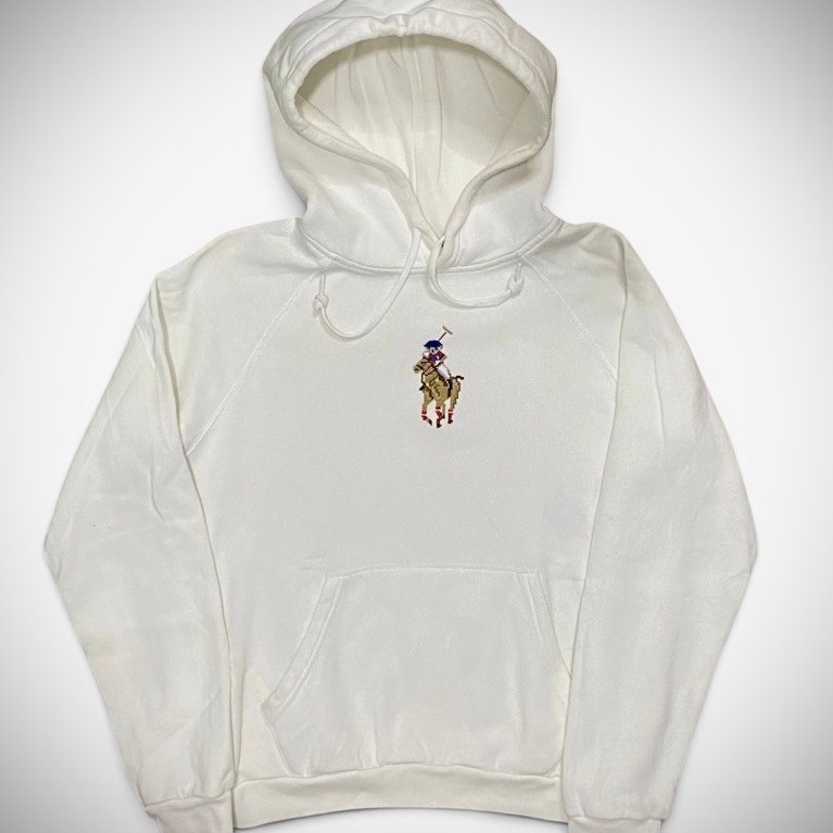 Hoodie putih dengan tudung dan saku depan motif kuda kecil polo