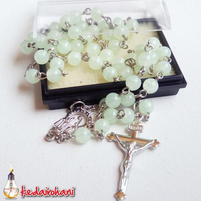 ,,,,,,,] Rosario Maria Kalung Manik/Mote Fosfor bulat 6 mm harces salib logam