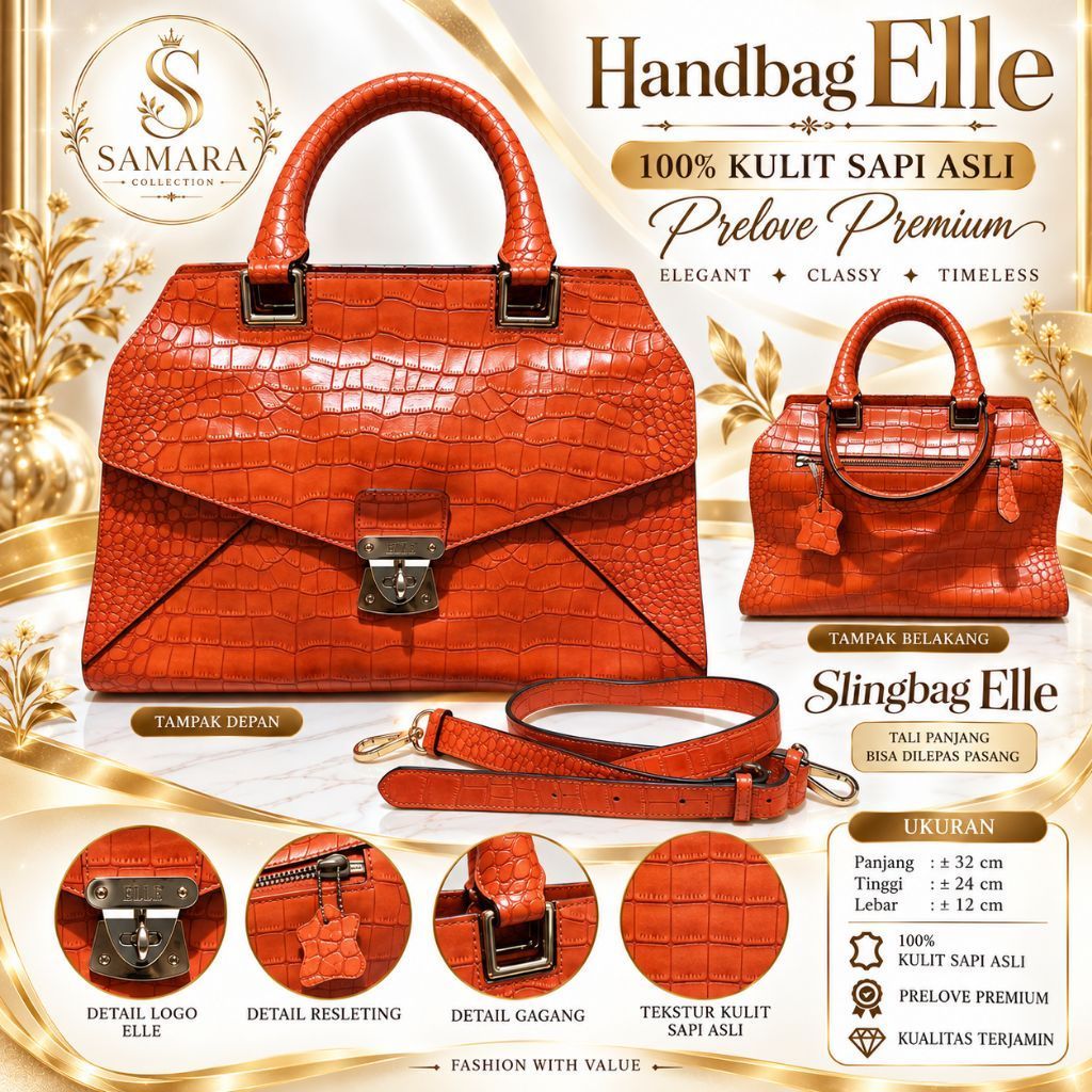 Handbag Elle 100% Kulit Sapi Asli Prelove Premium | Tas Wanita Crocodile Embossed + Slingbag

