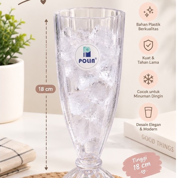 POLIN Cangkir Plastik Mika Bening 400ml Tahan Panas Tebal 1/2 Lusin