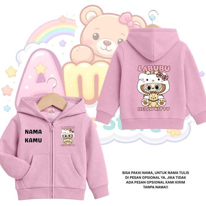 PREMIUM Jaket Anak Custom Nama Hoodie Karakter Cute Kawaii LA BU BU Jaket Zipper Anak Perempuan
