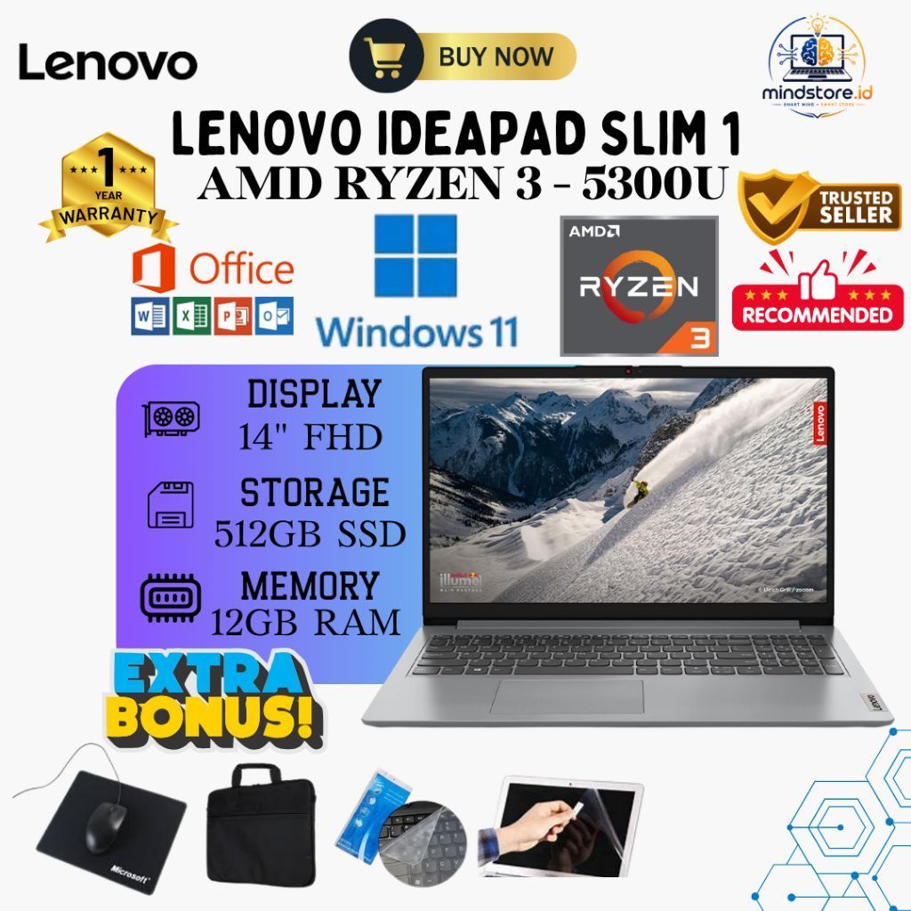 LENOVO IDEAPAD SLIM 1 AMD RYZEN 3 - 5300 | 12GB RAM 512GB SSD | 14 INCH FHD WIN 11