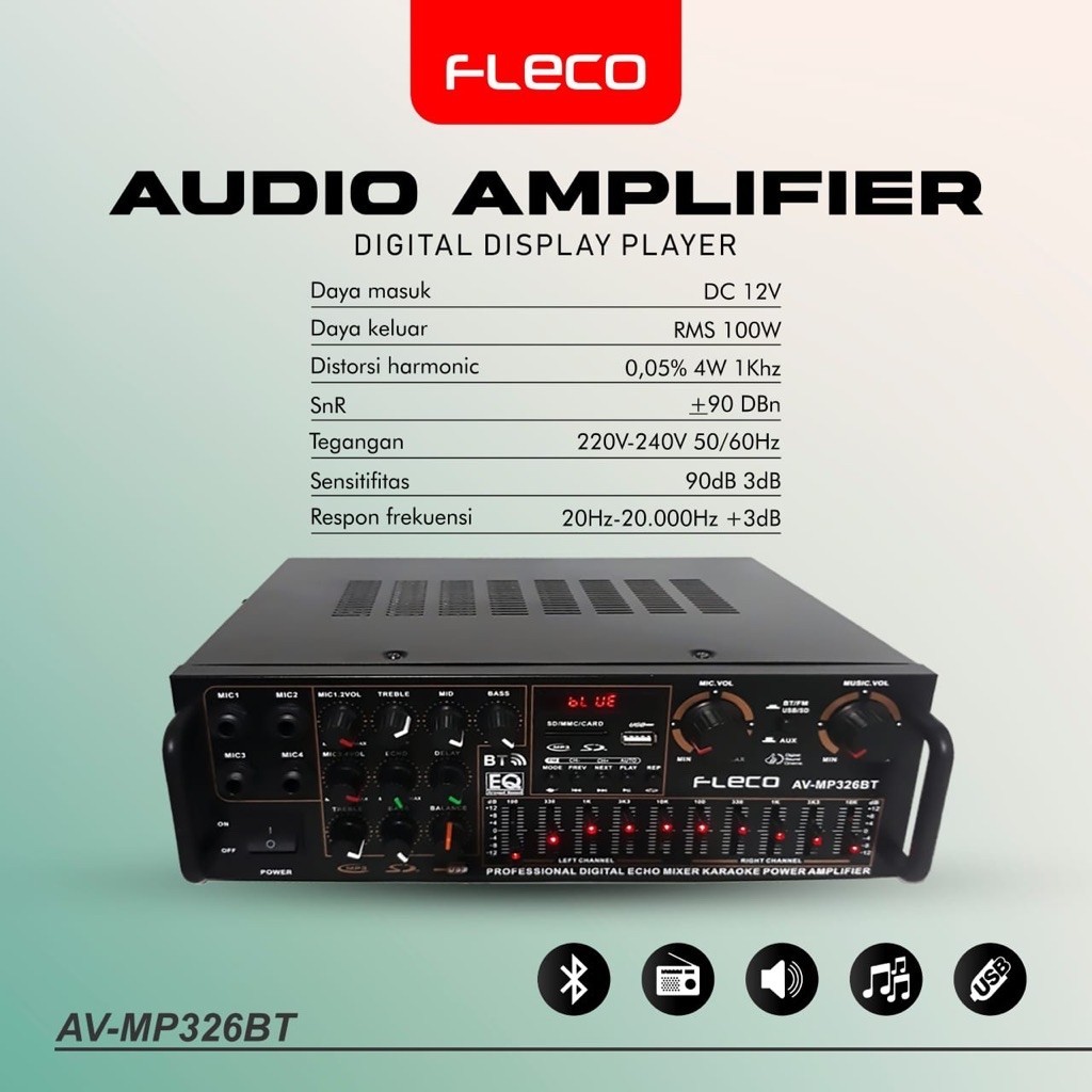 AV-MP326BT 2000Watt FLECO - Amplifier FLECO F-326BT USB Bluetooth Stereo Karaoke + Mp3 player + Ampl