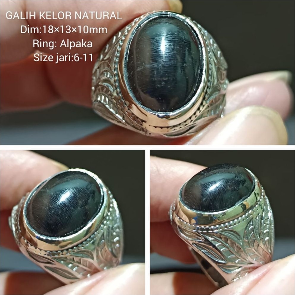 Cincin Batu Akik Galih Kelor Hitam Pekat Natural Alam Dim Batu est 18×13×10 mm Ring Alpaka Size jari