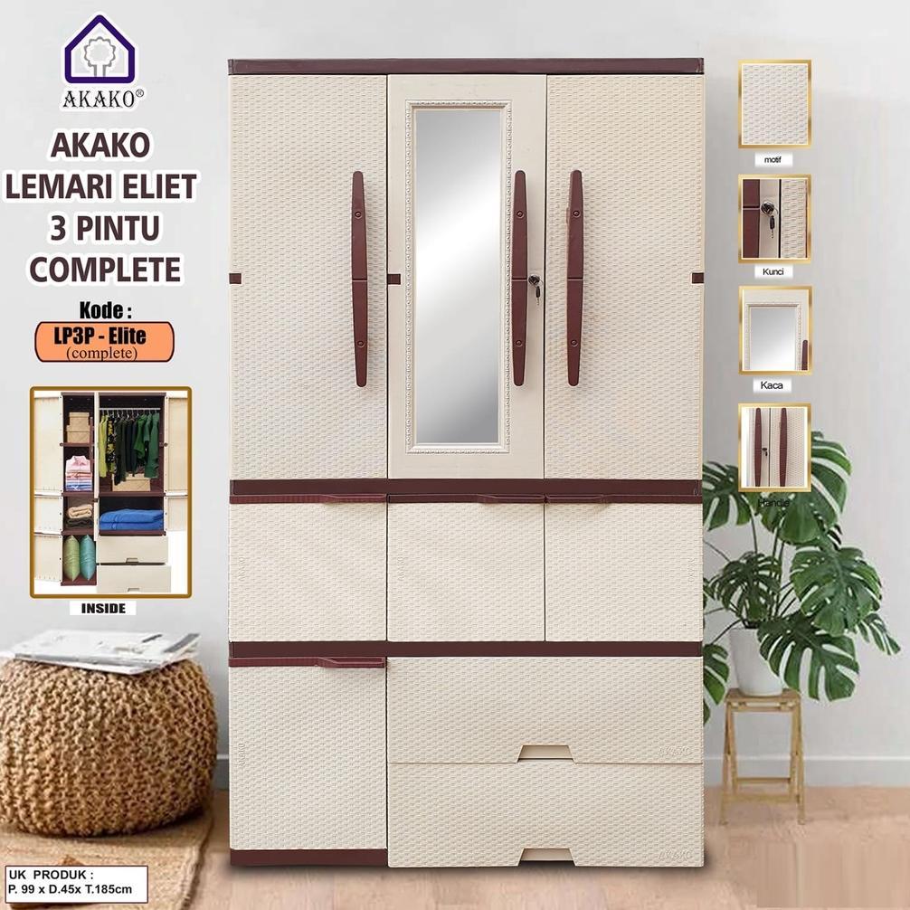 Recommended Akako Lemari Pakaian Baju Plastik Lp3P Jumbo Besar Akako Elite 3 Pintu Gantung Kaca Cerm