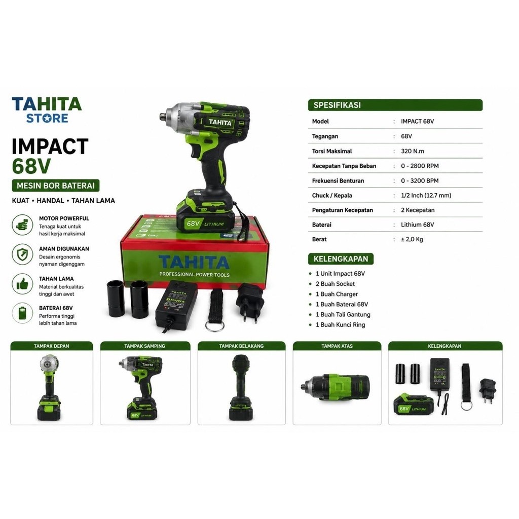 TAHITA Impact 68V 320Nm Mesin Bor Baterai Impact Wrench Lithium 68V 1/2 Inch