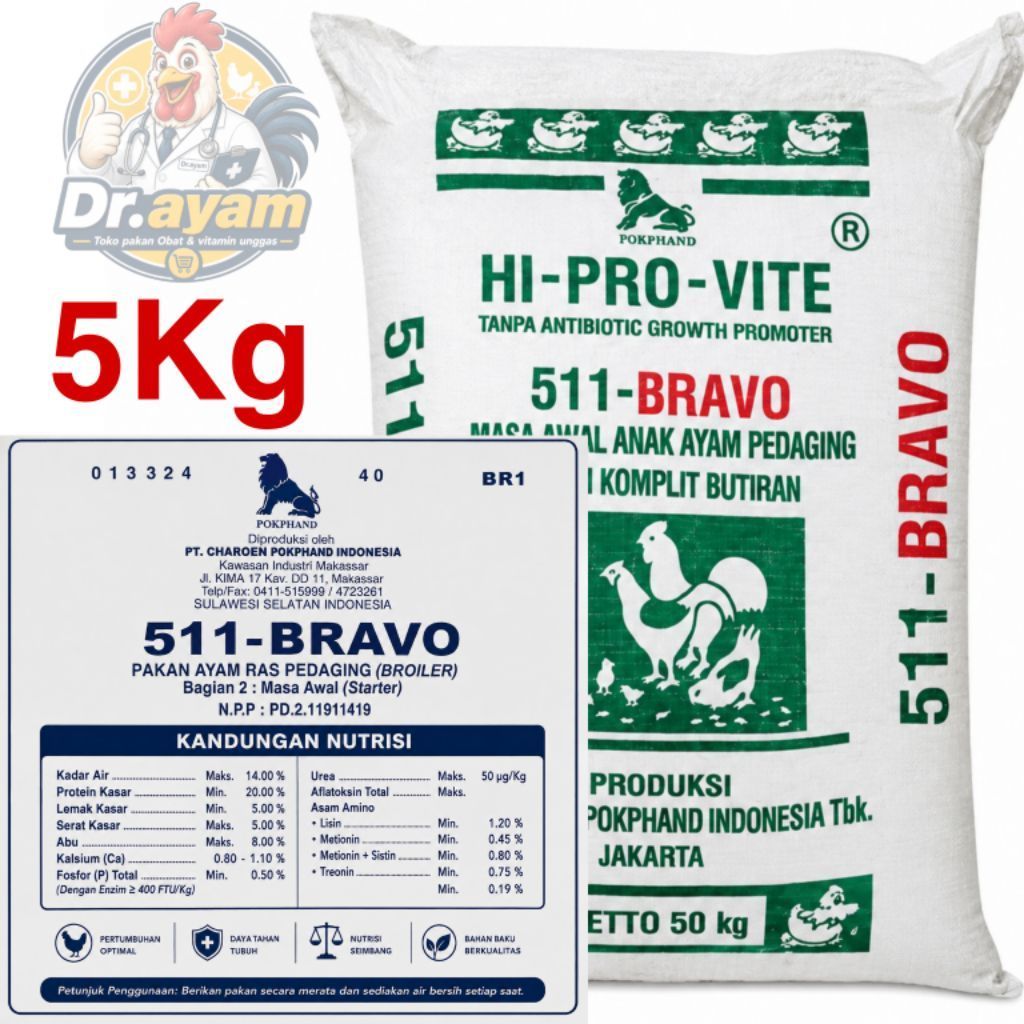 5 Kg Pur ayam 511 BRAVO Pakan Ayam PedagingBroiler Mempercepat Pertumbuhan Ayam