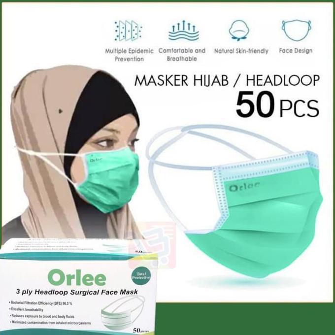 Jerr- Masker Bedah Medis 3Ply 3 Ply Headloop Hijab Orlee Kemenkes