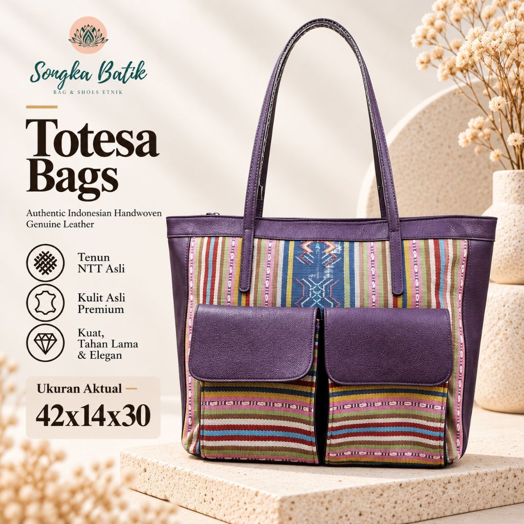 Songka Batik TAS TENUN NTT TOTE WANITA ETNIK KULIT ASLI TOTESA