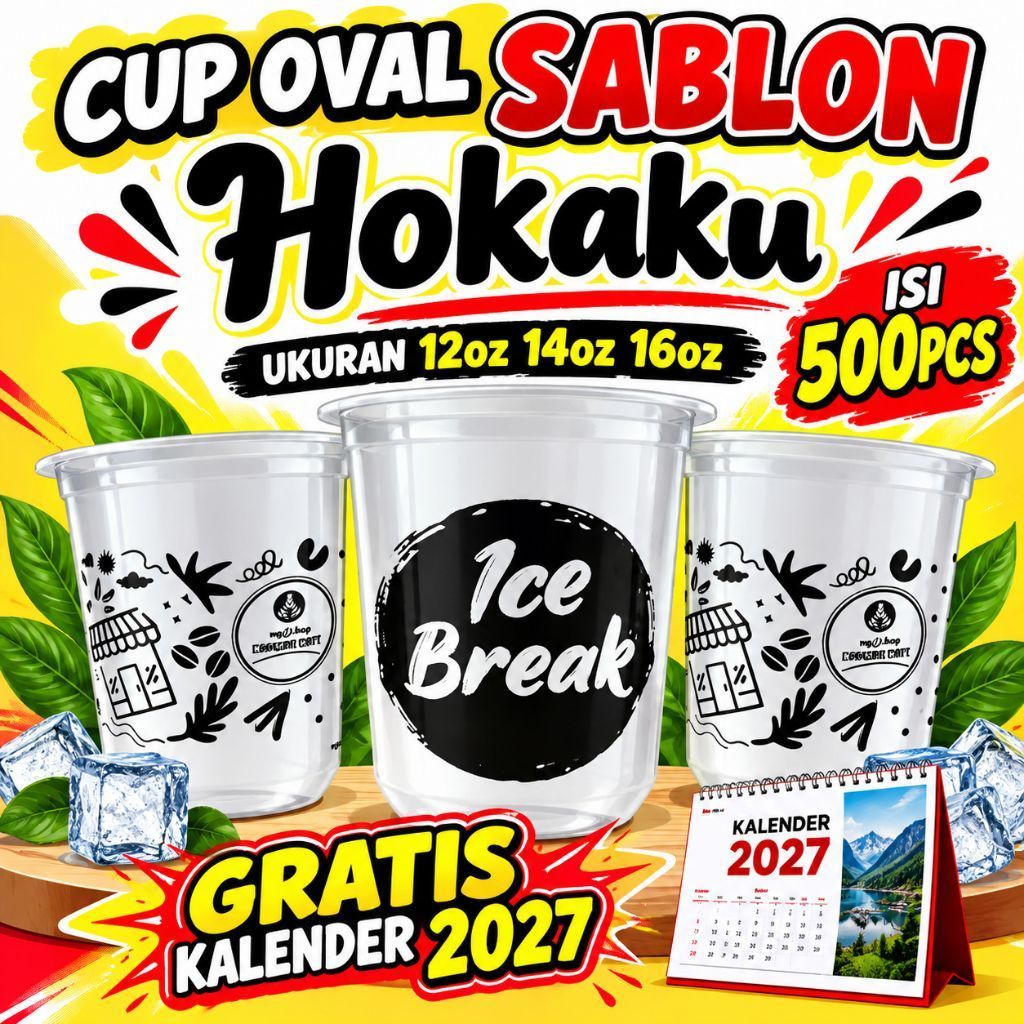 sablon gelas cup oval slim gelas oval u 12oz 14oz 16oz 7 gram isi 500 pcs merk hokaku