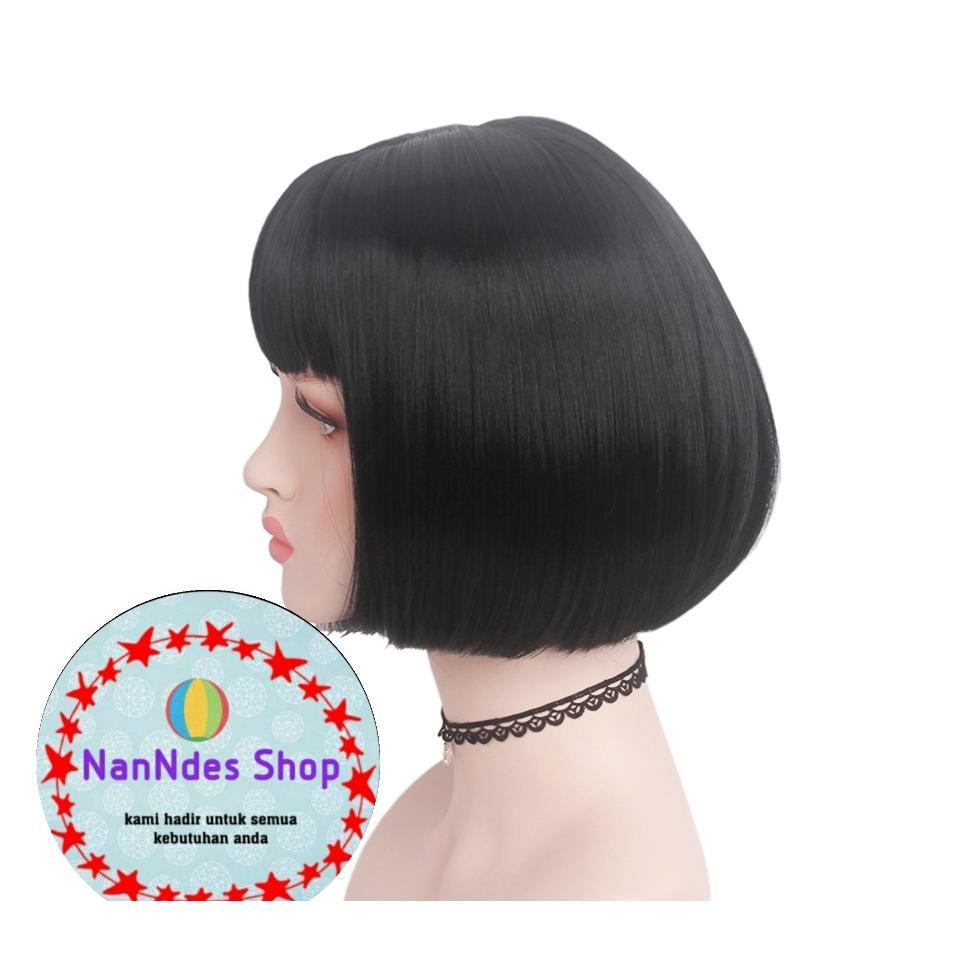 Wig Bob Hitam/ Wig pendek lurus / Wig Cosplay/ Rambut Palsu full/ Wig lurus pendek/ Wig poni Diskon