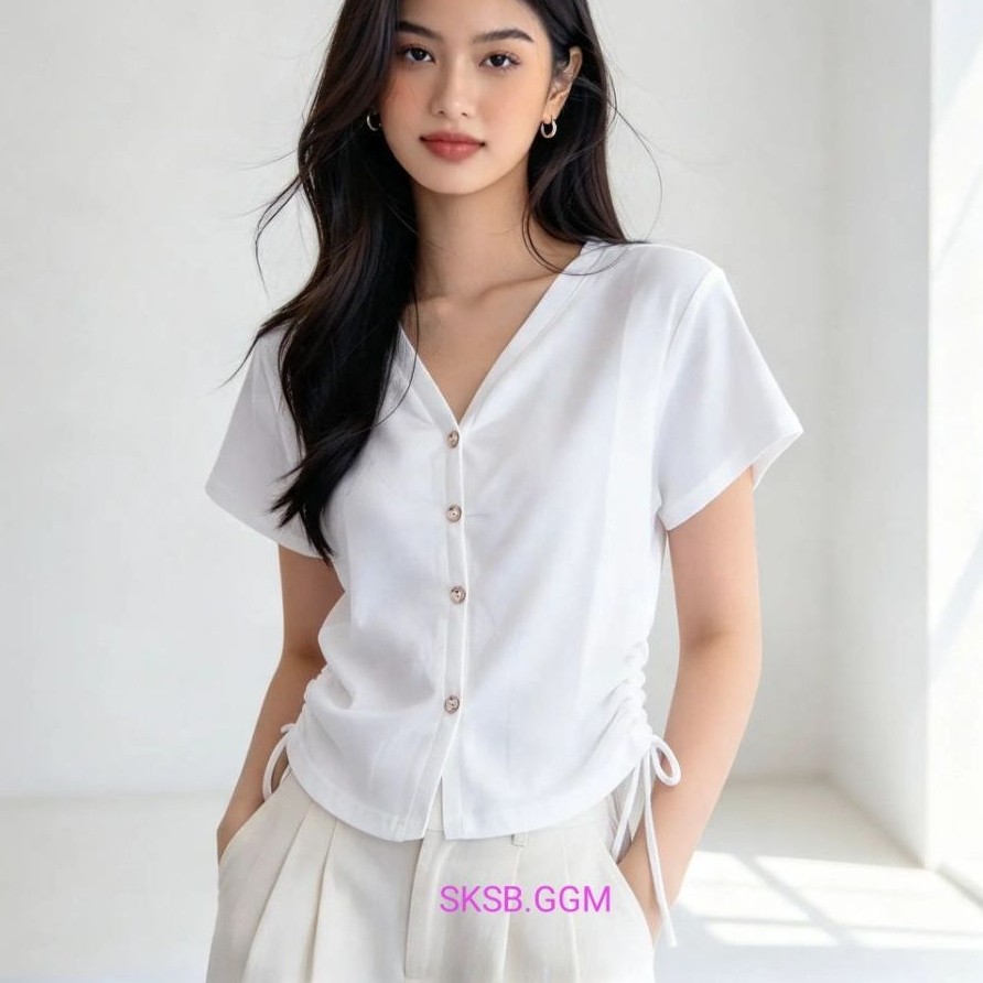 kaos crop garis / kaos crop wanita / kaos salur kancing/Kaos Crop Kancing