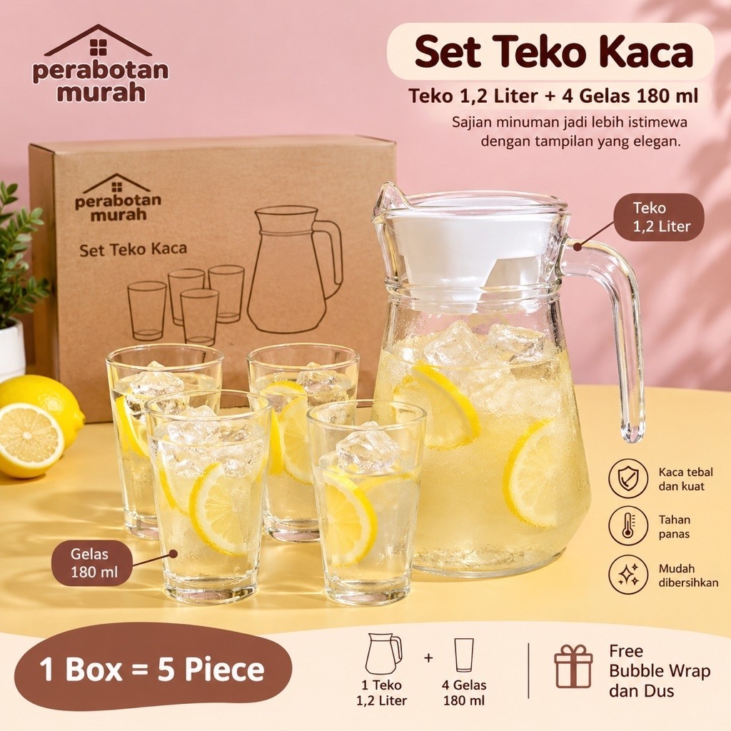Set teko 5in1, Teko jumbo Kaca 1,2L & 4pcs Gelas 180ml. Teko dengan tutup putih