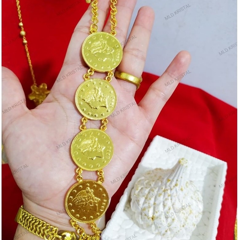 Gelang koin emas wanita model rantai koin bulat warna kuning