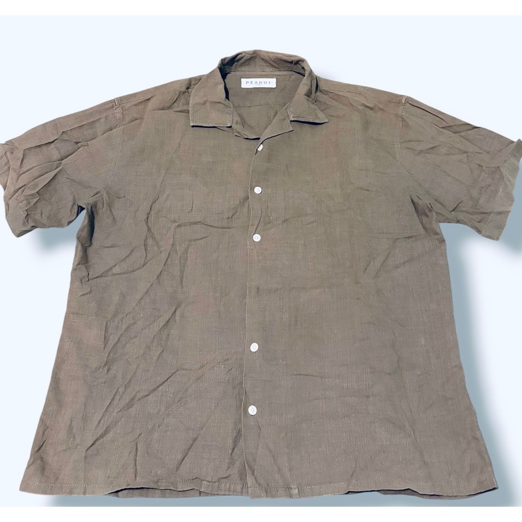 PEANUT Apparel Kemeja Pria Linen Look Coklat Olive Lengan Pendek Casual Korean Style Preloved