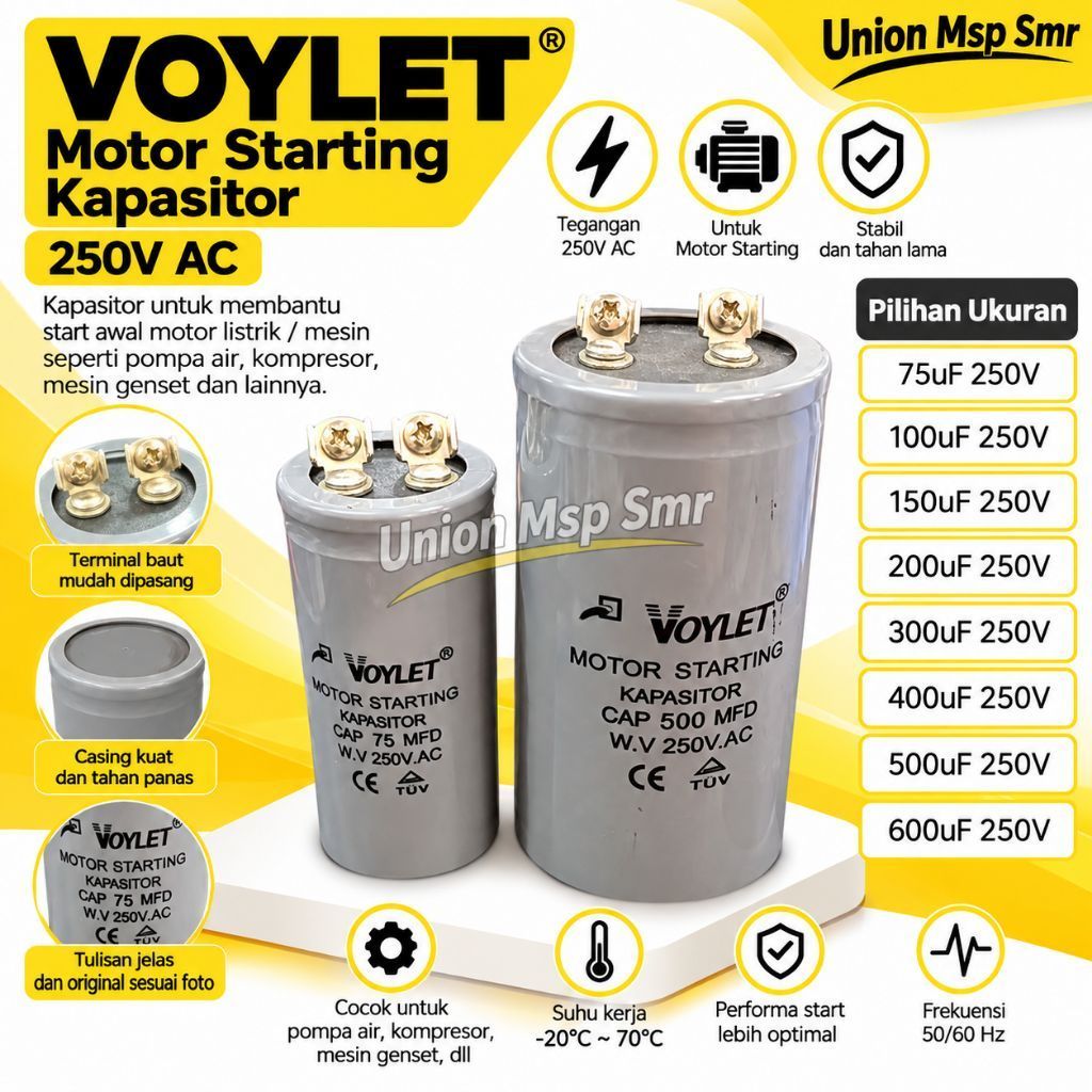 Kapasitor Dinamo Motor Starting VOYLET 250V AC 75uF 100uF 150uF 200uF 300uF 400uF 500uF 600uF Kapasi