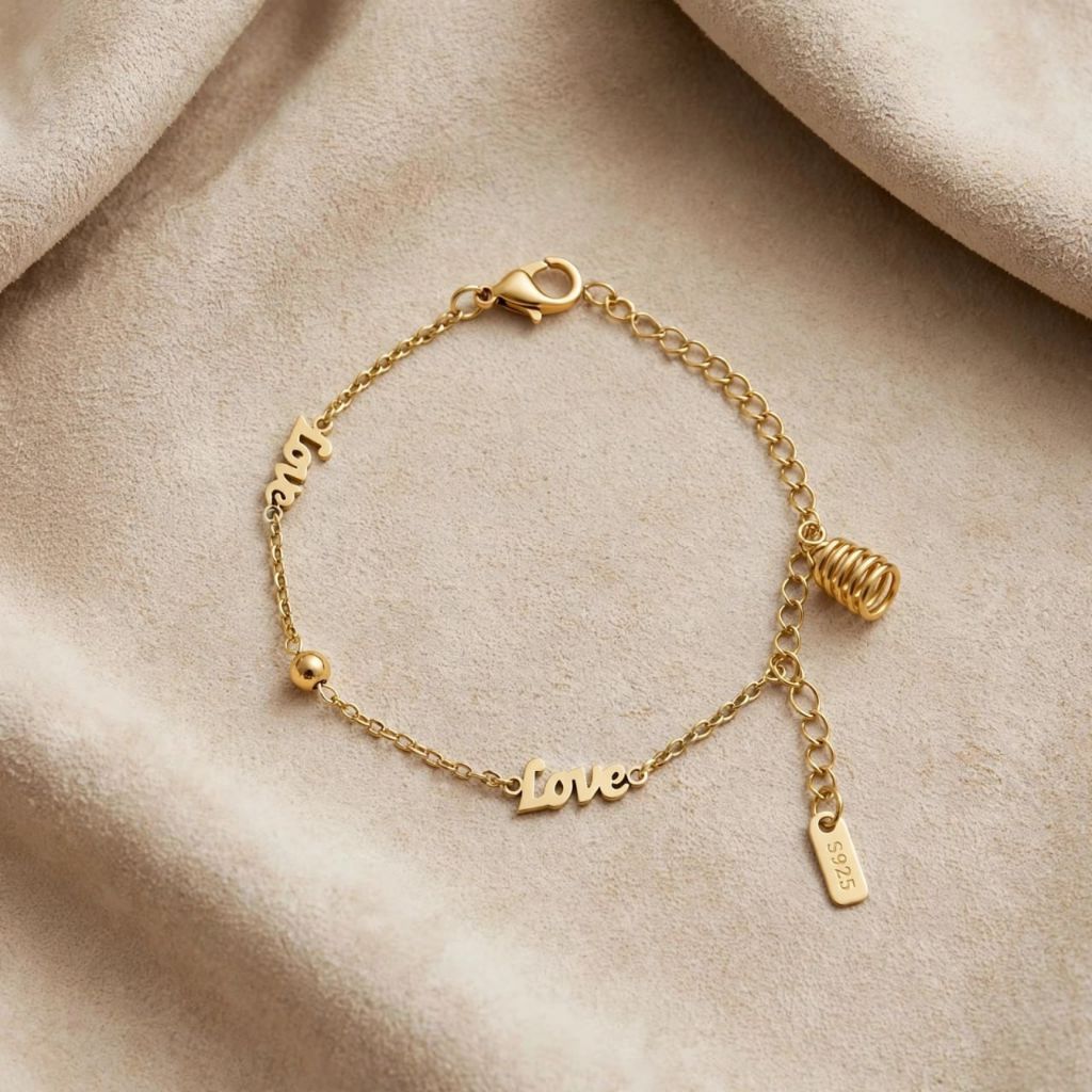 Gelang rantai emas motif Love dengan penutup magnet dan tali panjang anti karat