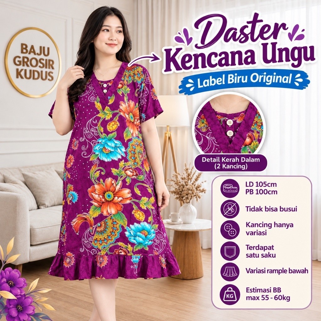 Daster LD 105cm Kencana Ungu Nyaman Buat Harian Label Biru KUB 02