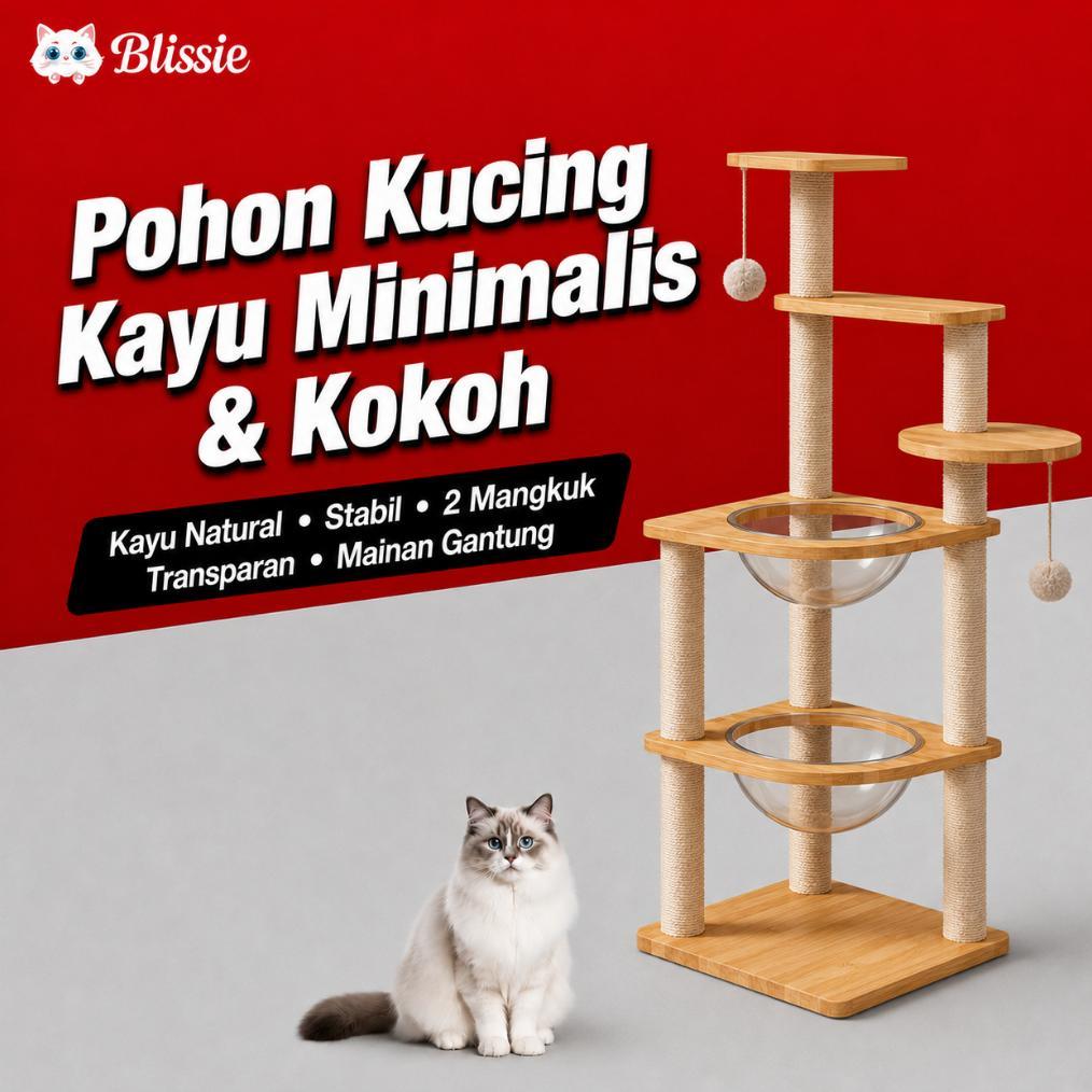 [ZA] Pohon Kucing Kayu MultiLevel Tempat Tidur Akrilik Bening Tiang Gores Sisal Stabil Anti Goyang U